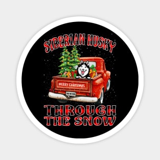 Christmas Siberian Husky Through The Snow Dog Santa Truck Tree Magnet